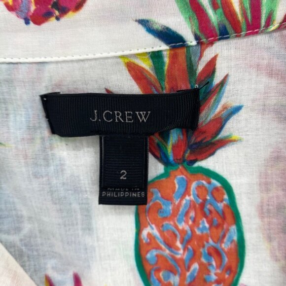 J Crew Shirt Womens 2 White Multi Pineapple 1/4 Button Up Collared Long Sleeves - Picture 5 of 11